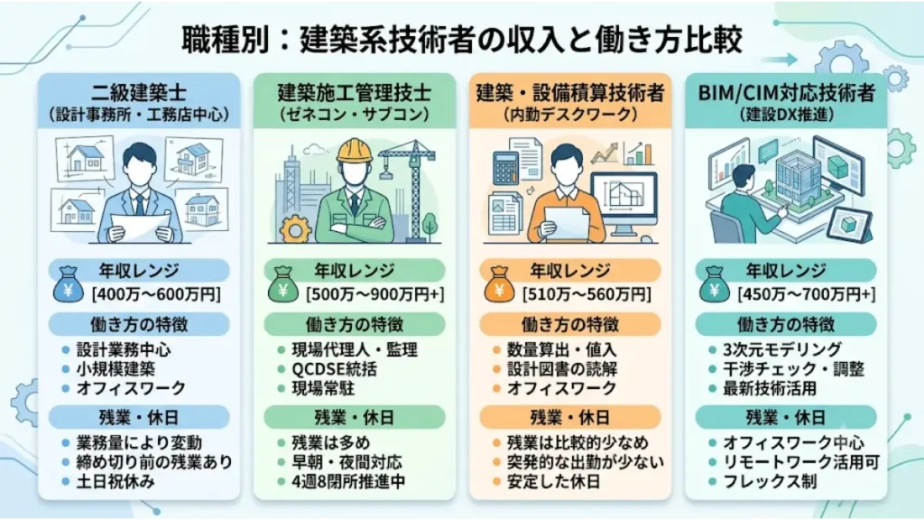 建築設計の2級建築士や施工管理技士など各職種の年収レンジと働き方の違いを比較した図解