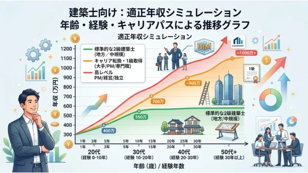 建築設計の2級建築士が年齢や経験年数、今後のキャリアパスによって年収の限界を突破していく推移を表した適正年収シミュレーションのグラフ