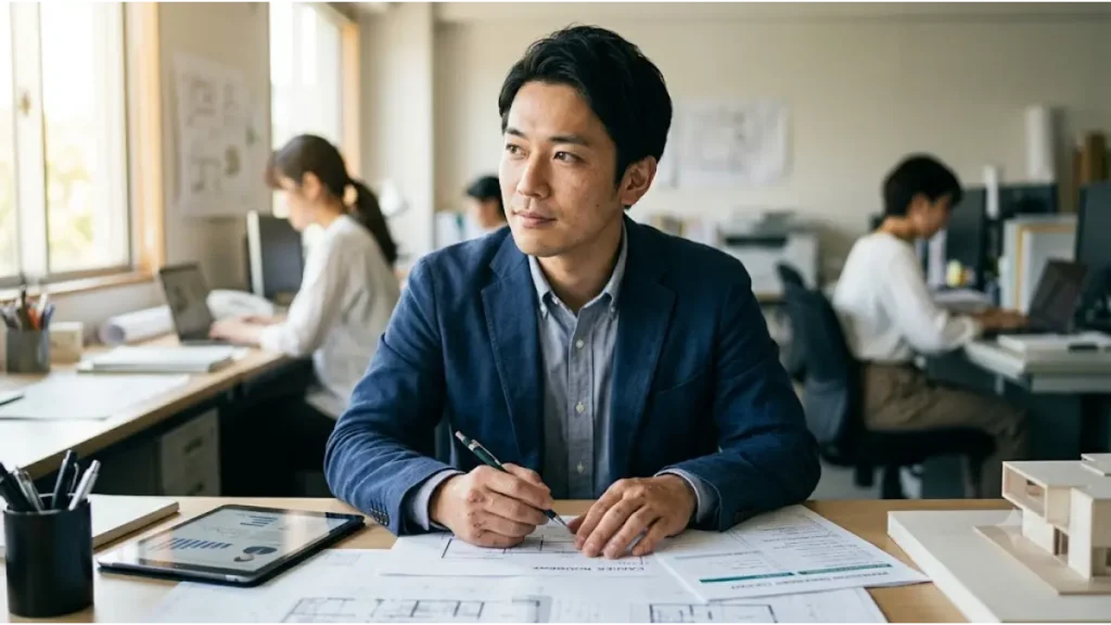 建築設計の2級建築士が、年収限界を突破するためのキャリアマップとチェックリストを真剣に確認しているイメージ画像