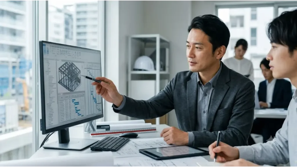 建築設計の2級建築士が資格や経験を活かして別の職種へ転職し、オフィスで専門的な打ち合わせを行っているイメージ画像