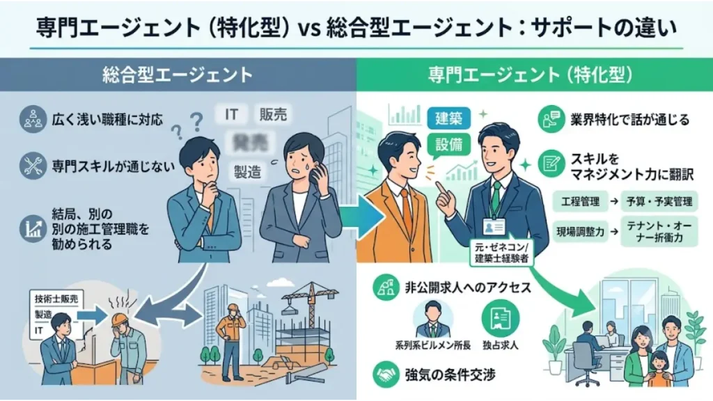 ビルメンテナンスの転職で施工管理や建築士の経験者が現場所長を目指すにあたり、専門エージェント(特化型)と総合型エージェントのサポートの違いを比較したインフォグラフィック図解。左側には専門スキルが通じず別の施工管理職を勧められがちな総合型エージェントのデメリット、右側には「業界特化で話が通じる」「スキルをマネジメント力に翻訳」「非公開求人へのアクセス」「強気の条件交渉」といった特化型エージェントのメリットが分かりやすく解説されています。