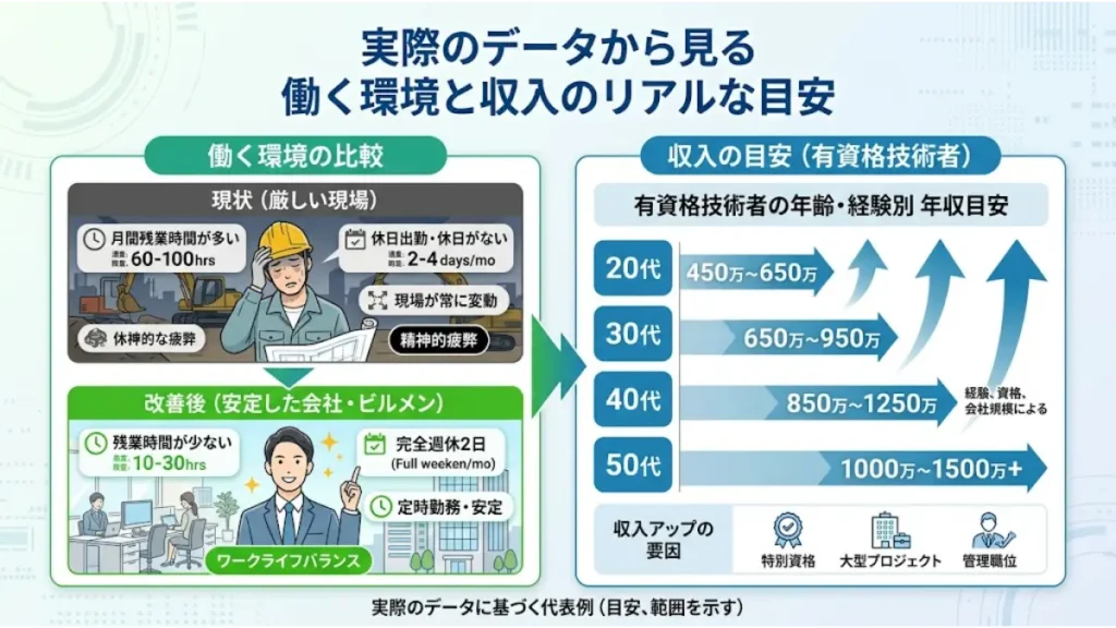 ビルメンテナンスの転職で施工管理や建築士の経験者が現場所長を目指す際の、働く環境と収入のリアルな目安を示したインフォグラフィック図解。左側には過酷な現状とビルメン転職後の残業激減や完全週休2日といった環境の改善、右側には20代から50代までの年齢・経験別の年収目安や、特別資格・管理職位などの収入アップ要因が分かりやすくまとめられています。