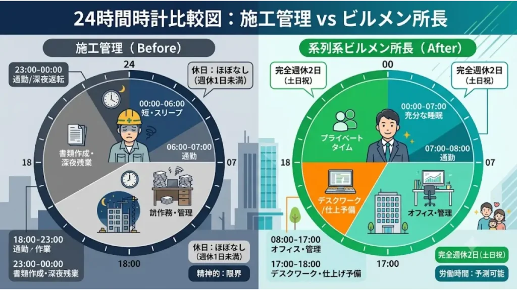 ビルメンテナンスの転職を考える施工管理や建築士の経験者に向けた、過酷な現職と系列系ビルメン所長の働き方を対比した24時間時計比較図。左側には「深夜帰宅・休日なし」で書類作成に追われる施工管理のスケジュール、右側には「18時退社・完全週休2日」でプライベートや十分な睡眠を確保できる系列系ビルメン所長のスケジュールが円グラフとイラストでわかりやすく描かれています。