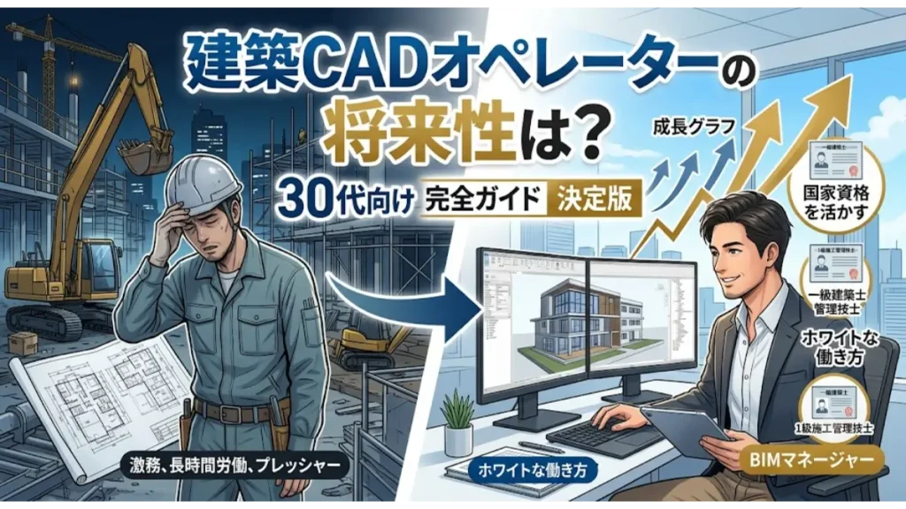 激務に悩む30代の建築技術者がCADオペレーターへ転向し明るい将来性とホワイトな働き方を手に入れるイメージ