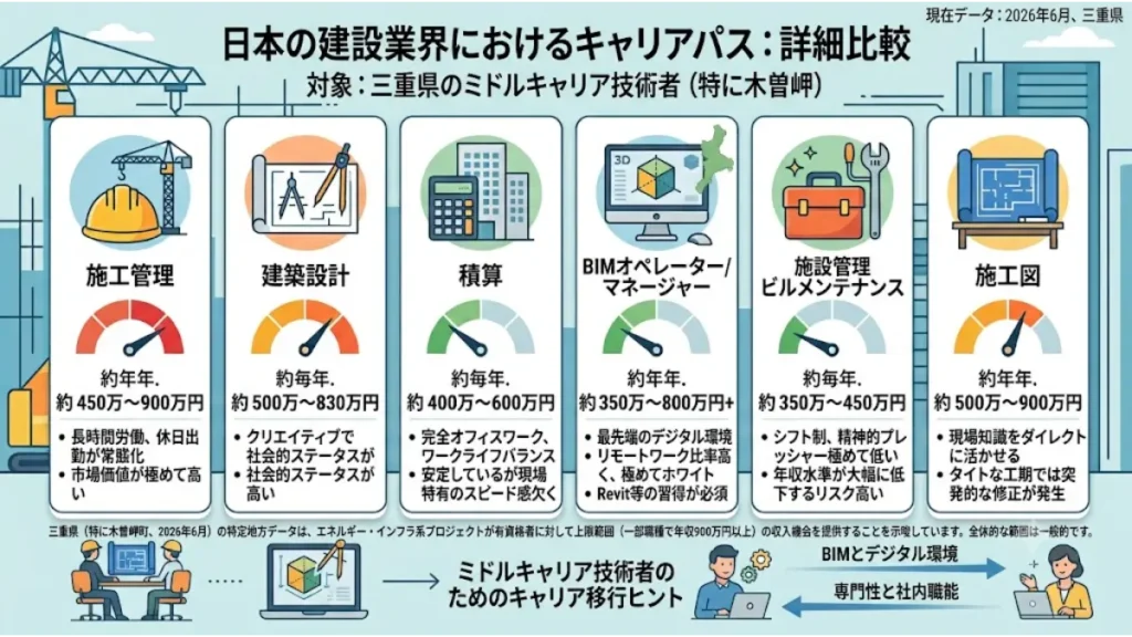建築業界における主要職種の労働環境と待遇を比較し30代のCADオペレーターとしての将来性や選択肢を示すインフォグラフィック図解