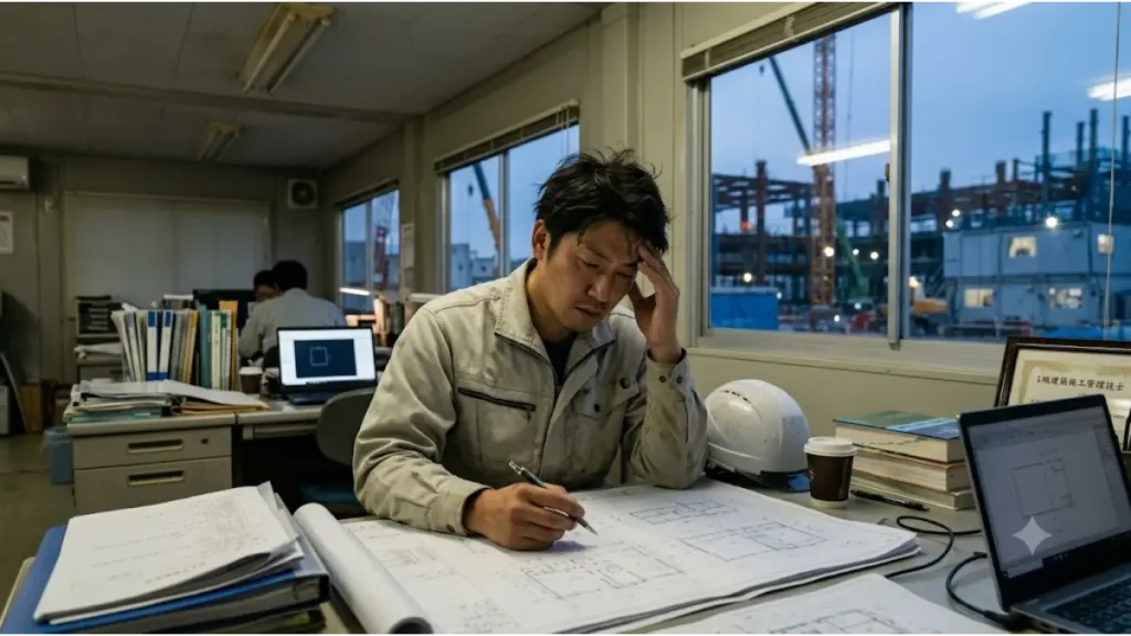 建築の現場事務所で激務に疲れた30代の技術者がCADオペレーターへの転職や将来性を考えて悩む様子