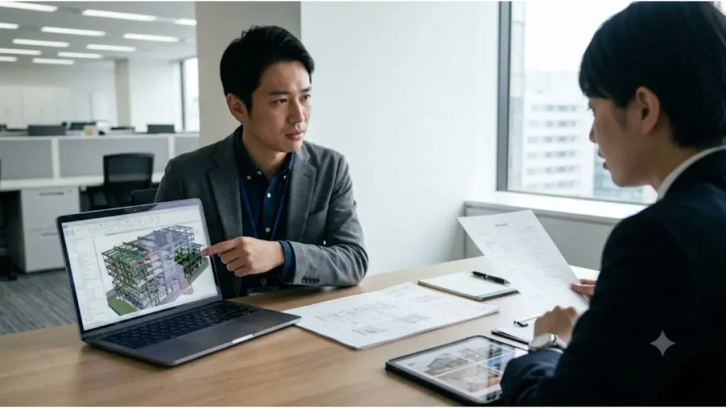 一般的な転職面接で立体図面を見せながら自身のスキルを説明するも価値が伝わりにくい30代建築技術者と、CADオペレーターの将来性を考えるイメージ