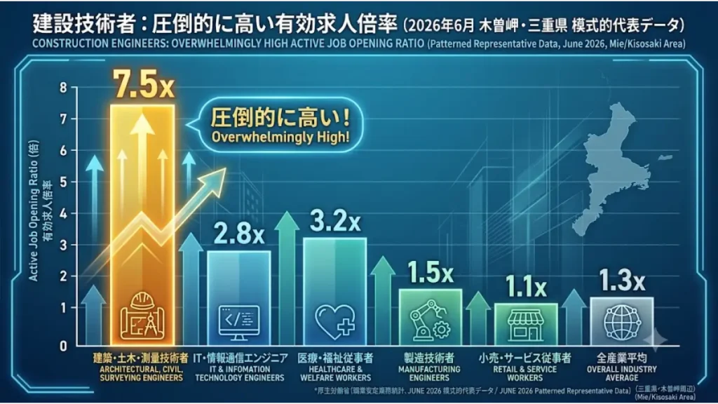 他業界と比べて圧倒的に高い建築技術者の有効求人倍率を示し30代のCADオペレーターとしての将来性や需要の高さが分かる比較グラフ