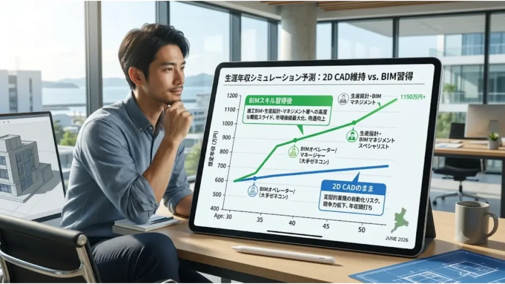 2D CADとBIMの生涯年収シミュレーション予測グラフを見つめながら30代の建築CADオペレーターの将来性を考える男性