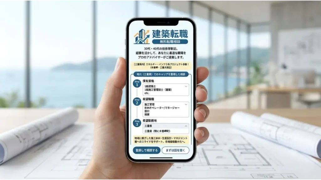 スマホで建築転職の無料相談画面を開きながらCADオペレーターとしての将来性や働き方のステップを選ぶ30代建築技術者のイメージ