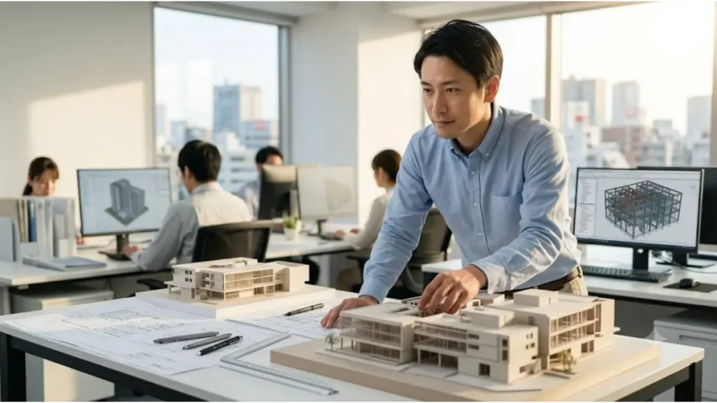 明るく快適なオフィスで建築模型や立体図面を前に誠実に働きながらCADオペレーターとしての将来性を掴む30代の技術者のイメージ