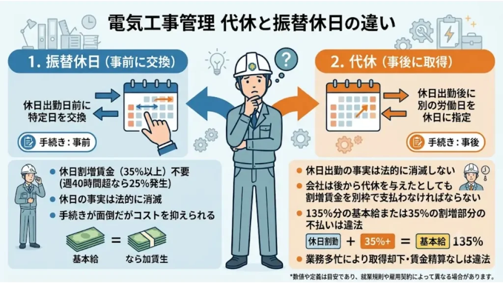 電気工事管理における代休(事後に取得、135%分の基本給または35%割増賃金)と振替休日(事前に交換、休日割増賃金不要)の違いを、手続きや法的側面を含めてわかりやすく解説した図解画像。
