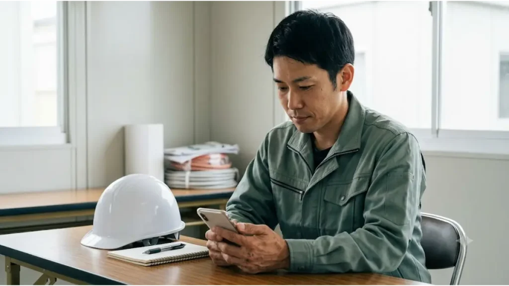 電気施工管理の現場で休日出勤が多く代休取れない悩みを抱え、現場事務所の机でスマートフォンを操作しながら労働基準監督署への相談方法や転職について真剣に調べる作業着姿の男性技術者