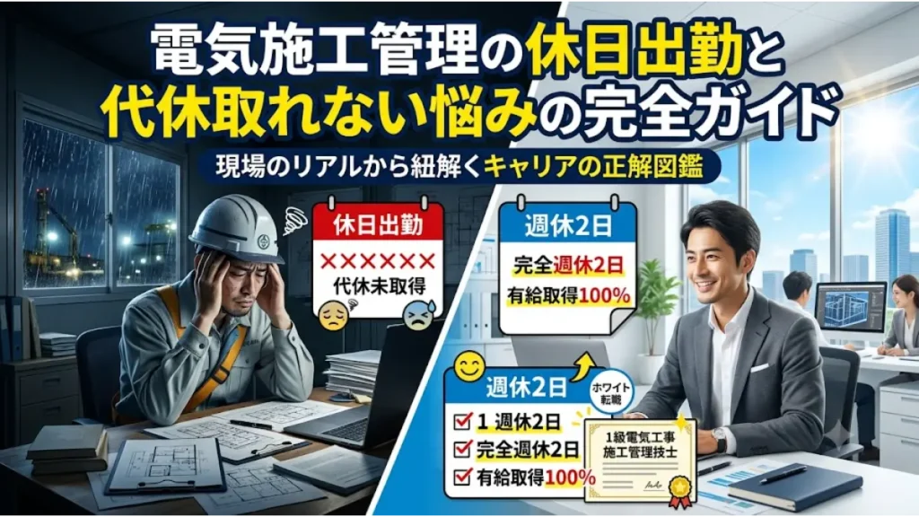 電気施工管理の現場で休日出勤が多く代休取れないことに悩む技術者と、ホワイトな職場へ転職して笑顔で活躍する1級電気工事施工管理技士の対比イメージ