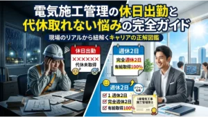 電気施工管理の現場で休日出勤が多く代休取れないことに悩む技術者と、ホワイトな職場へ転職して笑顔で活躍する1級電気工事施工管理技士の対比イメージ
