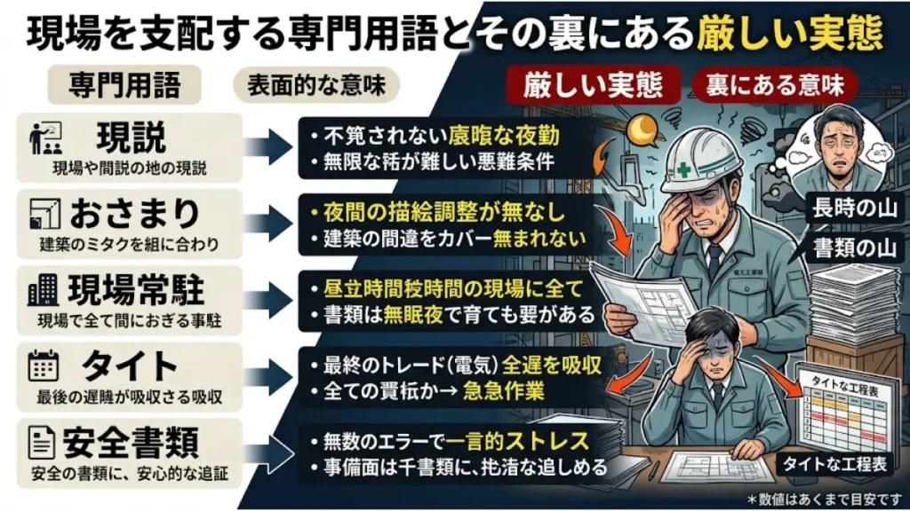電気施工管理で休日出勤が多く代休取れない原因となる現説やおさまり、現場常駐、タイト、安全書類という専門用語の裏にある厳しい実態を解説したインフォグラフィック画像