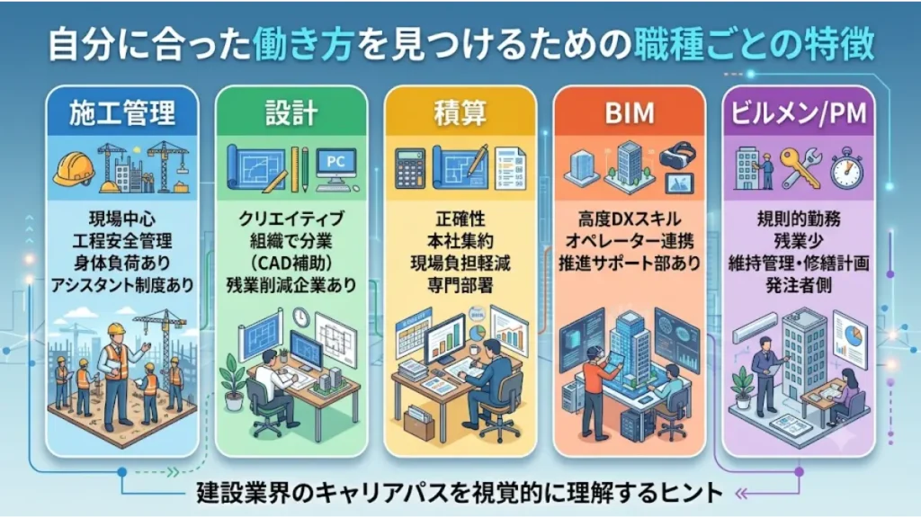 自分に合った働き方を見つけるための職種ごとの特徴を示す図解。施工管理、設計、積算、BIM、ビルメン/PMの5つの職種について、それぞれの「働き方」「適性・スキル」「サポート体制」の特徴をアイコン、イラスト、簡潔な日本語テキストで視覚的に整理しています。各セクションは色分けされ、モダンなインフォグラフィックデザインで、建設業界の40代転職に向けたキャリアパスのヒントを提示しています。