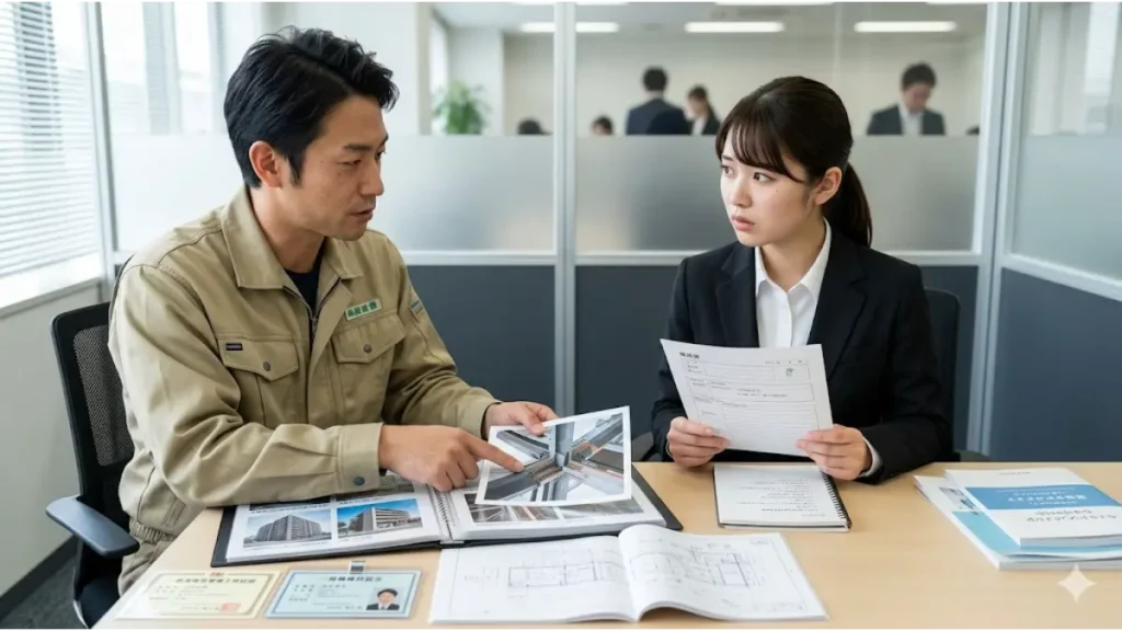 現場監督がリモートワークできる転職求人を探す際に直面しやすい、総合エージェントとの専門知識の壁とミスマッチを描いた画像。オフィスの面談ブースで、作業着姿の男性技術者が建築図面や鉄骨のおさまり資料を指さして熱心に説明しているものの、スーツ姿の女性キャリアアドバイザーが内容を深く理解できずに困惑している様子。