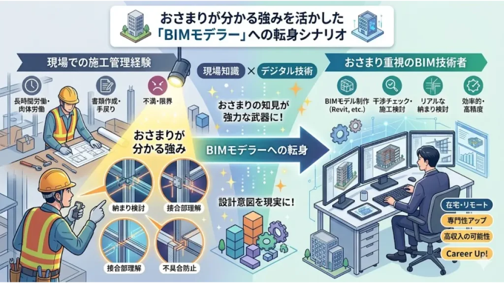 このインフォグラフィックは、現場の最前線で培った「おさまり(Osamari)」の知識が、BIMモデラーへの転職において強力な武器となるシナリオを視覚的に解説しています。左側の現場管理から、中央の「現場知識×デジタル技術」の融合を経て、右側の高付加価値なBIM技術者へと成長するフローが明確に示されています。在宅ワークやキャリアアップの可能性など、具体的なメリットも分かりやすくまとめています。