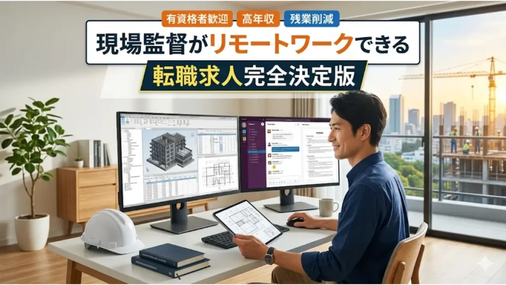 現場監督がリモートワークできる転職求人を探すための完全決定版アイキャッチ画像。明るい自宅のデスクでヘルメットを傍らに置き、PCのデュアルモニターに建築BIMモデルやチャットツールを表示して笑顔で在宅勤務をする男性技術者の様子。