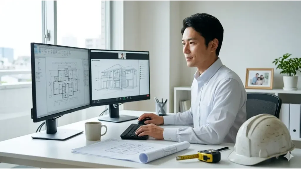 現場監督がリモートワークできる転職求人を選び、理想の未来を叶えた姿を描いたまとめの画像。明るく整った自宅のデスクで、清潔感のあるシャツを着た男性技術者がデュアルモニターに表示された建築図面や3D設計データを確認しながら、穏やかな表情でパソコン作業をしている様子。デスクの手前にはヘルメットやメジャーが置かれている。