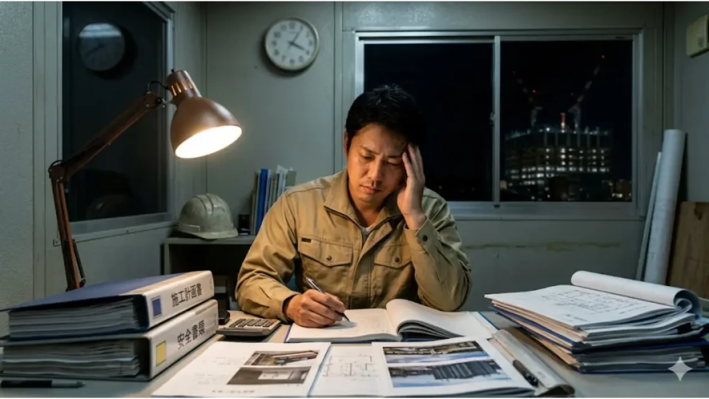 現場監督がリモートワークできる転職求人を切望する背景となる、過酷な労働環境のリアルを描いた画像。深夜の現場事務所(プレハブ小屋)で、デスクランプの明かりの下、山積みの安全書類や施工計画書を前に頭を抱えて疲弊しながら残業をする男性技術者の様子。窓の外には夜の工事現場とクレーンが見える。