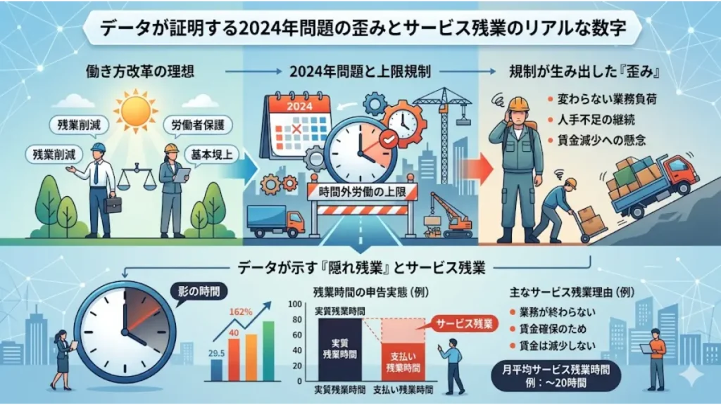 現場監督がリモートワークできる転職求人を求める背景となる、2024年問題の歪みとサービス残業(隠れ残業)の実態を示したインフォグラフィック図解。働き方改革の理想と上限規制による現実のギャップ、実質残業時間と支払い残業時間の差、業務が終わらないといったサービス残業の主な理由がグラフとイラストでリアルに解説されている画像。