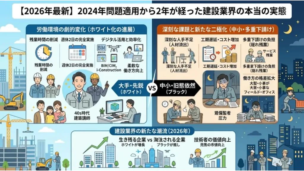 【2026年最新】2024年問題適用から2年後の建設業界の実態を比較した図解。左側の青色部分は「大手・先鋭（ホワイト）」企業で、残業時間の削減、週休2日の実施、デジタル活用（BIM/CIM、i-Construction）による効率化が進み、笑顔の技術者や家族が描かれている。右側のオレンジ部分では「中小・旧態依然（ブラック）」企業で、深刻な人手不足、工期遅延・コスト増加、多重下請けの負担（隠れ残業、サービス残業）に悩む疲れた技術者が描かれている。中央で二極化が示され、下部には「建設業界の新たな潮流（2026年）」として、ホワイト企業の生き残りとブラック企業の淘汰、技術者の価値向上が示されている。