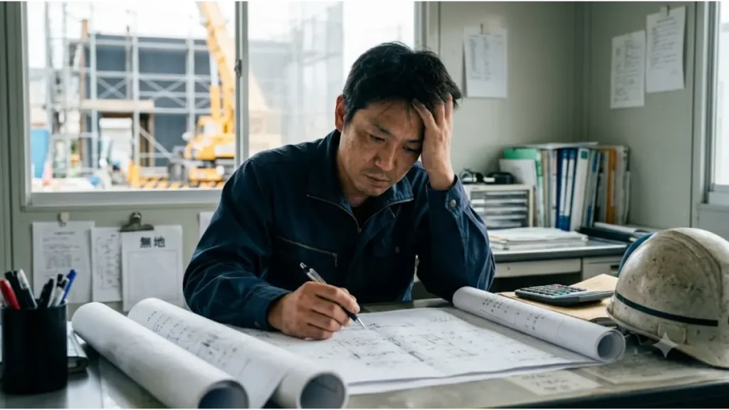 一級建築士の40代転職希望者が直面する、現場での人間関係のギスギスやサポート体制の不足による悩みを表現した写真。工事現場が見える事務所のデスクで図面を広げ、険しい表情で頭を抱える作業着姿の日本人男性技術者のリアルな様子です。