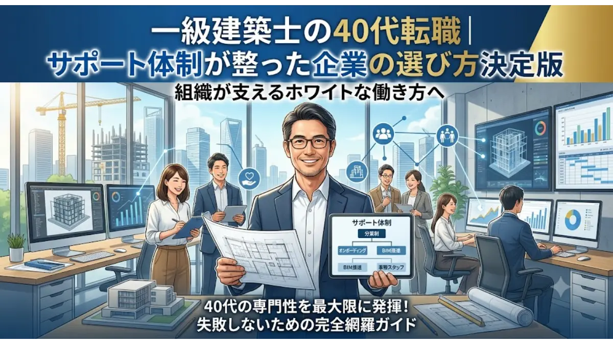 一級建築士の40代転職において理想的なサポート体制が整った職場環境を表現したアイキャッチ画像。中央に図面を持つ技術者が立ち、背景ではBIMチームや事務スタッフが分業して支えるホワイトなオフィスが描かれています。