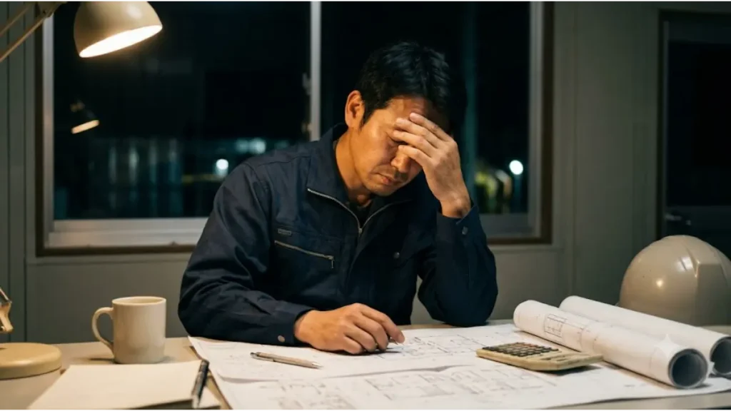 一級建築士の40代転職希望者が直面する過酷な労働環境を表現した写真。深夜のデスクで図面やヘルメットを前に、疲労から頭に手を当てて体力の限界を感じている40代の日本人男性技術者のリアルな姿です。