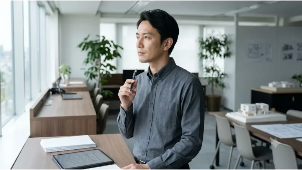 意匠設計から構造設計への転向を真剣に考える、誠実な印象の日本人建築士の横顔。後悔のない選択をするために、自然光が差し込むオフィスのデスクで、 tablet（タブレット）に映し出された図面と資料を前に、深く沈思黙考している。