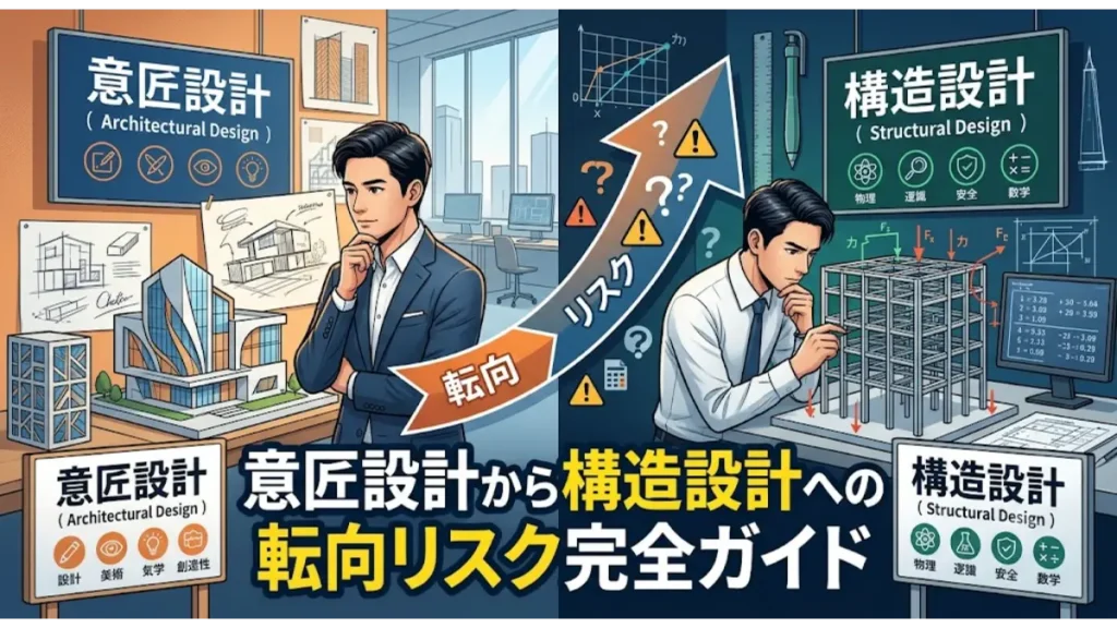 意匠設計から構造設計への転向リスク完全ガイドのアイキャッチ画像。左側に華やかなビル模型を前に悩む意匠設計者、右側に骨組み模型と計算画面に向き合う構造設計者、中央にキャリアの転向とリスクを表す矢印が描かれたイラスト