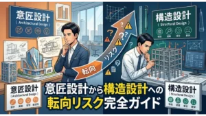 意匠設計から構造設計への転向リスク完全ガイドのアイキャッチ画像。左側に華やかなビル模型を前に悩む意匠設計者、右側に骨組み模型と計算画面に向き合う構造設計者、中央にキャリアの転向とリスクを表す矢印が描かれたイラスト