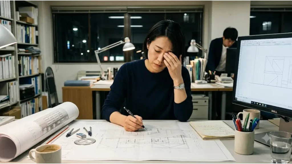 意匠設計から構造設計への転向リスクを検討する背景となる、夜間の事務所で激務に疲れて目を押さえる女性設計者のリアルな写真です。