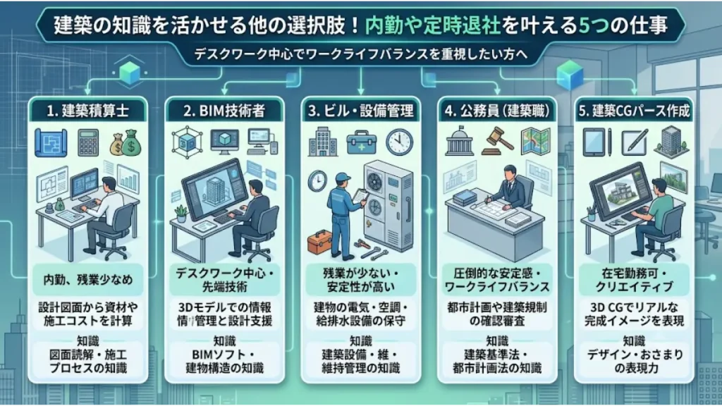 意匠設計から構造設計への転向リスクを検討する方に向けて、建築の知識を活かして内勤や定時退社を叶える5つの他の選択肢（建築積算士、BIM技術者、ビル・設備管理、公務員、建築CGパース作成）の特徴や必要な知識を分かりやすく解説した図解です。