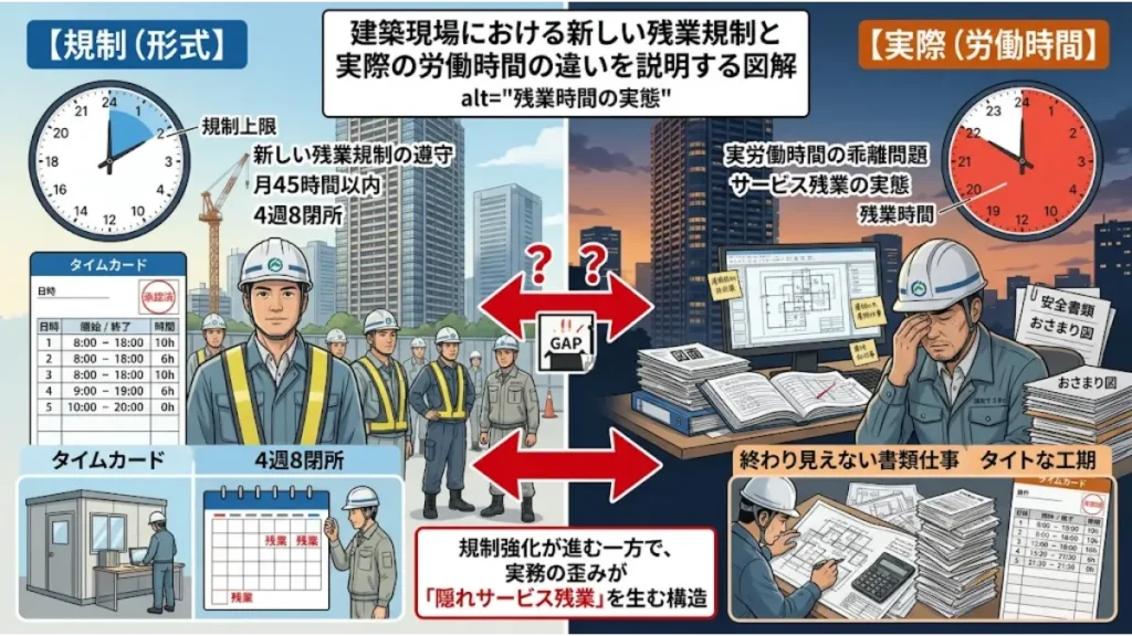 意匠設計から構造設計への転向リスクを検討する方に向けて、建築現場における2024年問題適用後の「新しい残業規制（形式」と「実際の労働時間の乖離（現実」を比較する図解。左側は月45時間・年360時間以内の遵守、右側は膨大な書類仕事やおさまり調整、タイトな工期から生じる隠れサービス残業の実態を、疲弊した技術者と時計で表現しています。