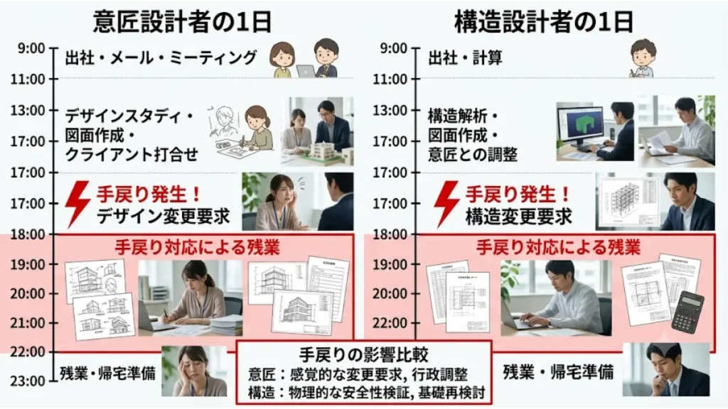 意匠設計から構造設計への転向リスクを検討する際の滞在時間延長（SEO）のための図解。意匠設計と構造設計の典型的な1日の仕事の流れをタイムラインで比較し、夕方に発生した「手戻り」による残業時間の急増（赤い枠）を視覚的に表現しています。