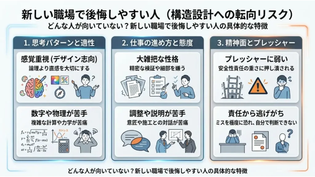 意匠設計から構造設計への転向リスクを整理し、感覚重視の思考や数字への苦手意識など、新しい職場で後悔しやすい向いていない人の特徴を3つの視点から分かりやすく解説した図解です。