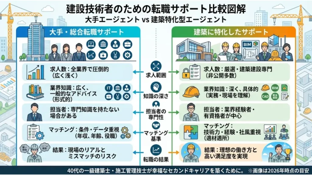 大手・総合転職サポートと建築に特化したサポートの大きな違いを比較した図解。左側の総合サポートは広く浅い全業界対応で形式的なアドバイスや条件重視のマッチングによりミスマッチのリスクを提示。右側の特化型サポートは建築建設専門で実務や現場を理解し、業界経験者のアドバイザーが技術力・社風重視のマッチングを行うことで高い満足度と理想の働き方の実現を示す。