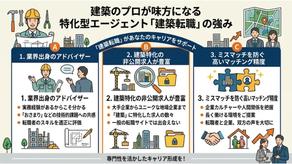 住宅設計やハウスメーカーの営業環境に疲れた技術者に向けて、業界出身のアドバイザーや豊富な非公開求人など、特化型エージェント「建築転職」を活用する強みやメリットを分かりやすく解説した図解