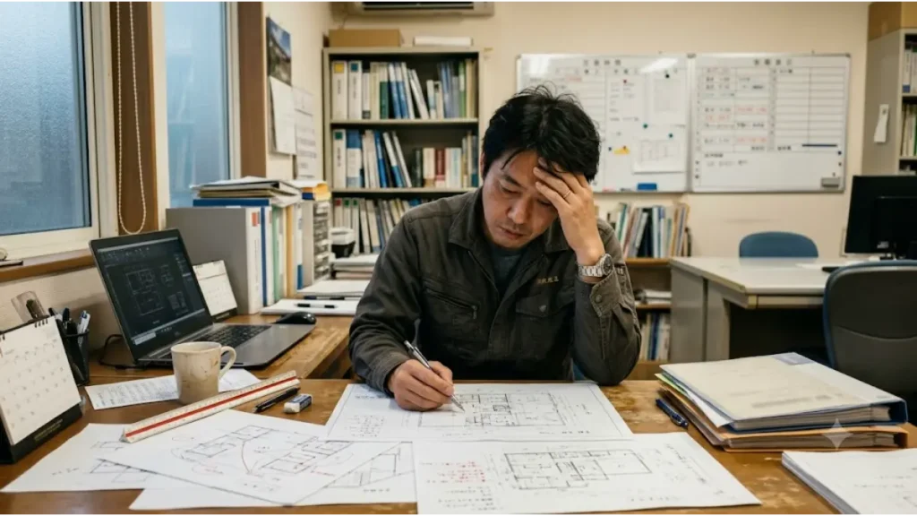 住宅設計やハウスメーカーの営業主導の環境に疲れた男性技術者が、オフィスで山積みの図面を前に頭を抱えて悩むリアルな仕事風景