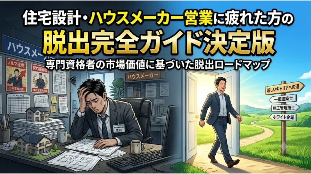住宅設計やハウスメーカーの営業に疲れた男性技術者が、暗いオフィスから明るいキャリアの道へと脱出する様子を描いた、脱出完全ガイドのアイキャッチ画像