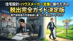 住宅設計やハウスメーカーの営業に疲れた男性技術者が、暗いオフィスから明るいキャリアの道へと脱出する様子を描いた、脱出完全ガイドのアイキャッチ画像