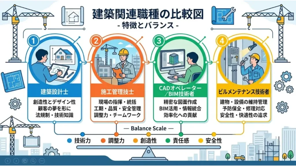 住宅設計やハウスメーカーの営業環境に疲れた建築技術者に向けて、建築設計士、施工管理技士、CAD/BIM、ビルメンなど建築関連職種の特徴やスキルのバランスを分かりやすくまとめた比較図