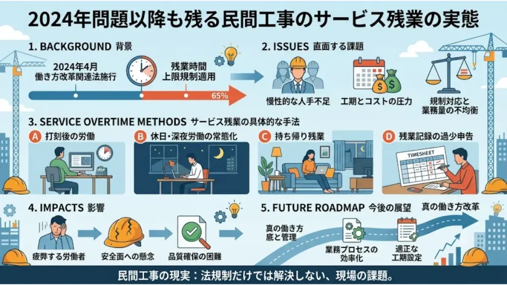 2024年問題以降も民間工事で続くサービス残業や持ち帰り残業の実態を図解し、住宅設計やハウスメーカーの営業環境に疲れた技術者の労働課題を分かりやすく説明するインフォグラフィック画像