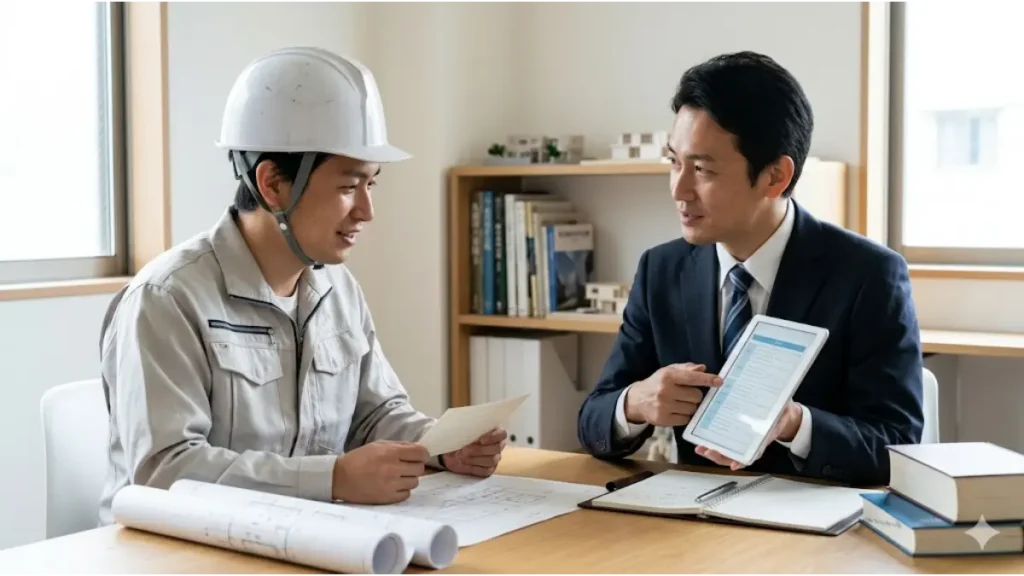 専門知識を持つ建築系専門エージェントによる、1級建築施工管理技士資格証を持った30代の男性技術者への誠実なキャリア面談シーン。資格価値を理解し、ホワイトな内勤(積算、BIMオペレーター等)への転職ルートを具体的に提示していることを表現。