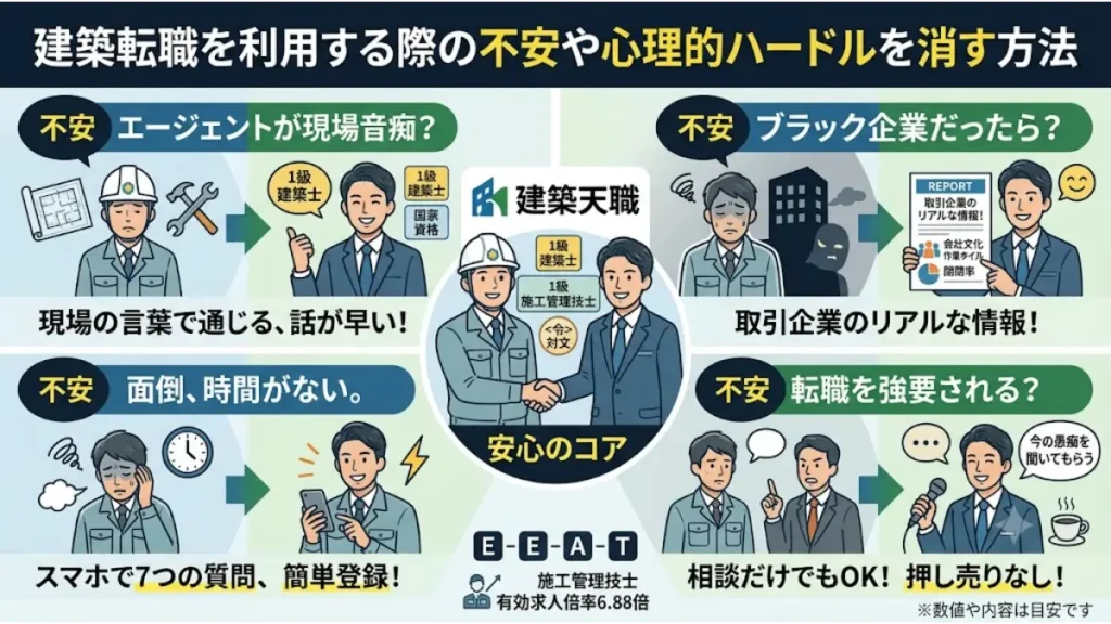電気施工管理の現場で休日出勤が多く代休取れない悩みを抱える技術者が、国家資格を持つ専門アドバイザーによるサポート、企業のリアルな情報、スマホでの簡単登録、相談OKの体制により、建築転職を利用する際の不安や心理的ハードルを解消できることを解説したインフォグラフィック図解。