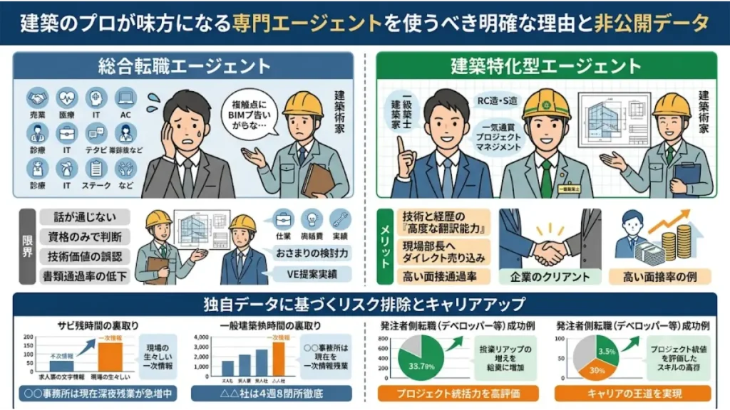 建築設計の業務や組織設計事務所での勤務がきついと感じる技術者に向けた、総合転職エージェントの限界と、技術価値の高度な翻訳や非公開データによるリスク排除ができる建築特化型エージェントのメリットを比較した図解