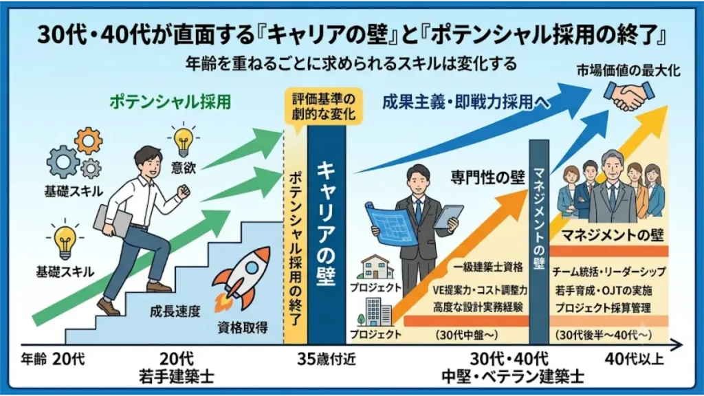 建築設計の業務や組織設計事務所での勤務がきついと感じる30代・40代が直面する、ポテンシャル採用の終了と即戦力・マネジメントスキルへの要求変化を示した「キャリアの壁」の図解インフォグラフィック